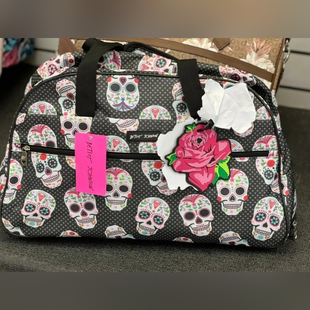 NWT $160 Betsey Johnson Sugar Skull Party 22" Rolling Duffel Luggage Weekend Bag